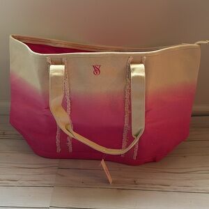 NWT Victoria’s Secret Ombré Canvas Pink Cream Satin Lined Travel Beach Pool Bag